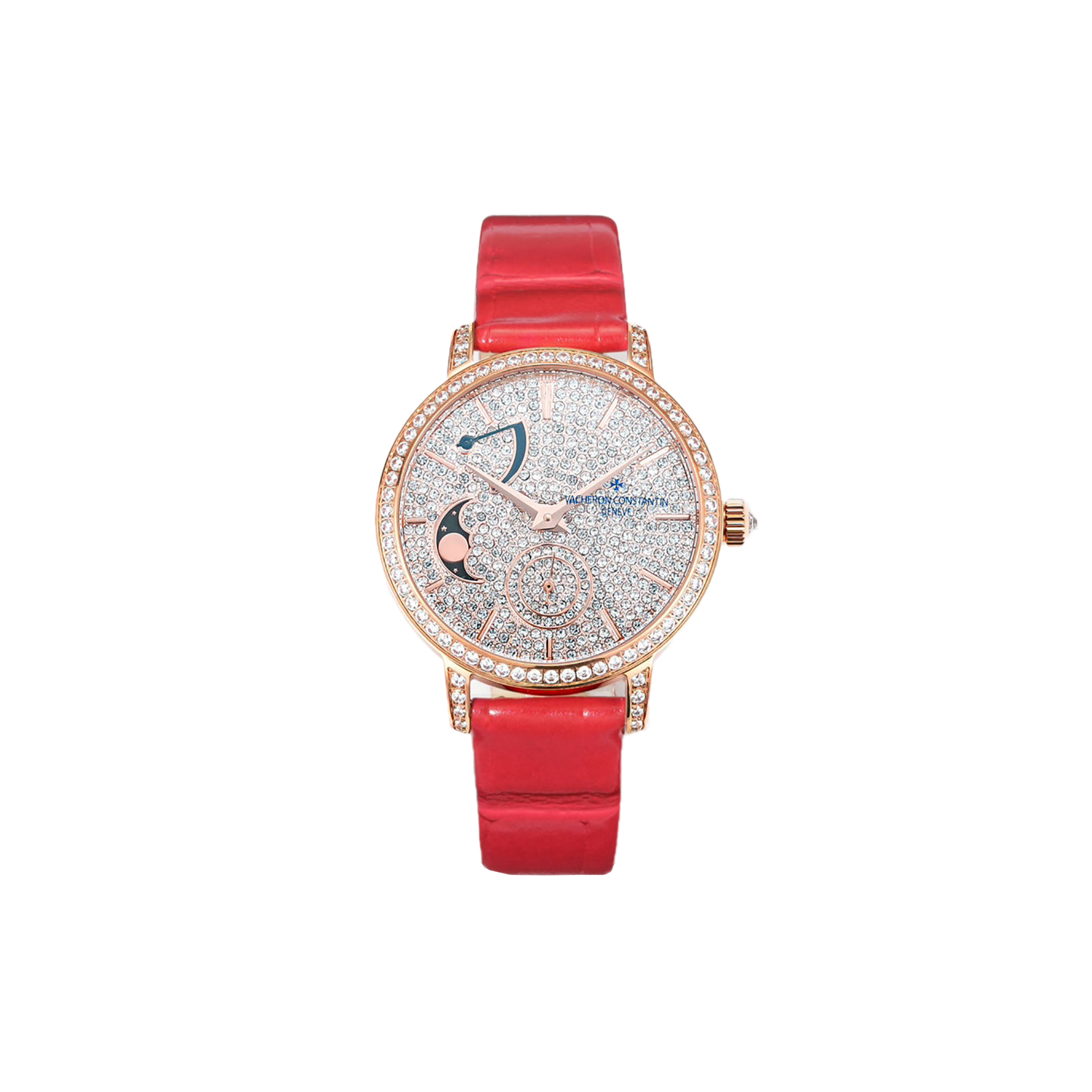 vacheron co*sta*t*n traditionelle moon phase Di*m*nd paved dial in pink gold watch 7006t/000g